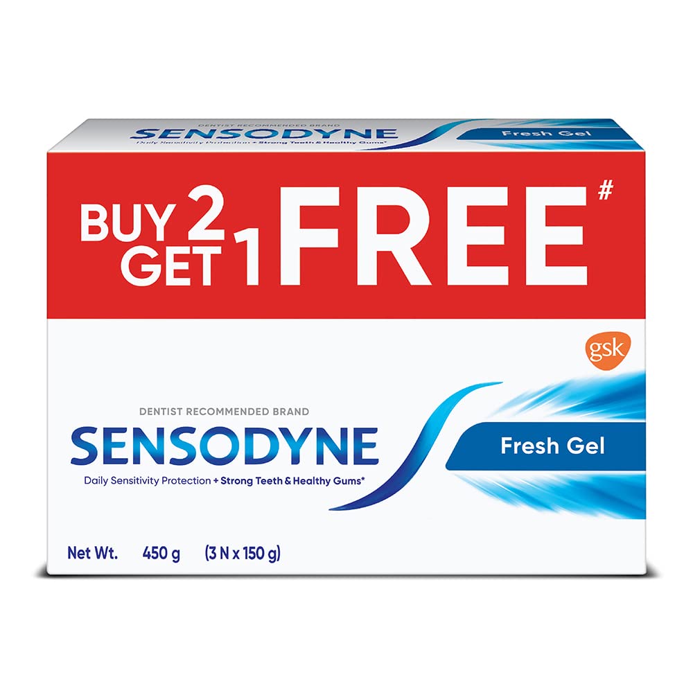 Front view of Sensodyne Fresh Gel Toothpaste Combo box 3 x 150g