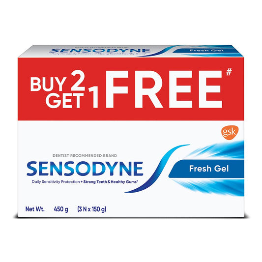 Front view of Sensodyne Fresh Gel Toothpaste Combo box 3 x 150g