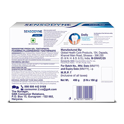 Close-up of three Sensodyne Fresh Gel toothpaste tubes