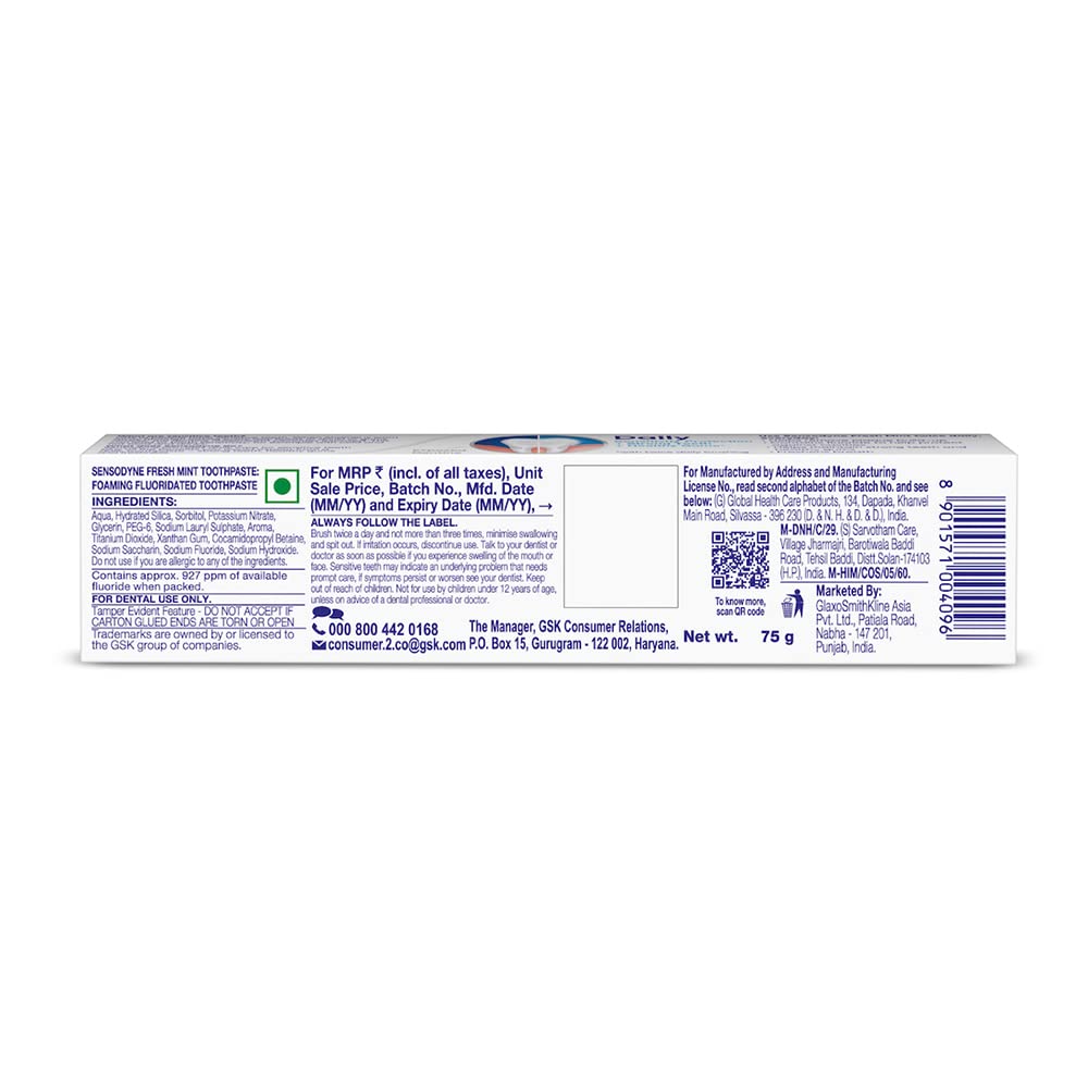 Close-up of Sensodyne Fresh Mint toothpaste label