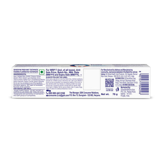 Close-up of Sensodyne Fresh Mint toothpaste label
