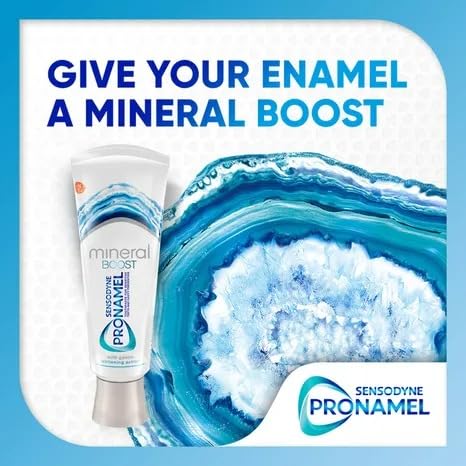 Close-up of Sensodyne Pronamel Mineral Boost toothpaste tube