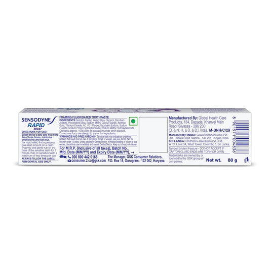 Close-up of Sensodyne Rapid Relief 80 g toothpaste tube label