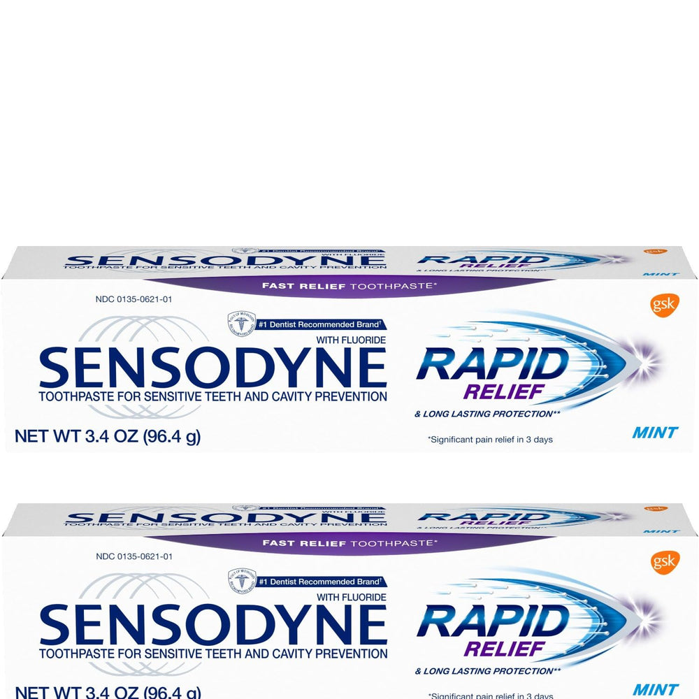 Front view of Sensodyne Rapid Relief Mint toothpaste tube