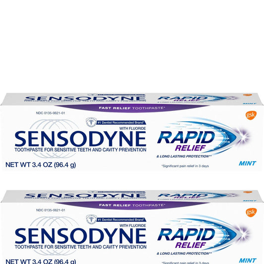 Front view of Sensodyne Rapid Relief Mint toothpaste tube