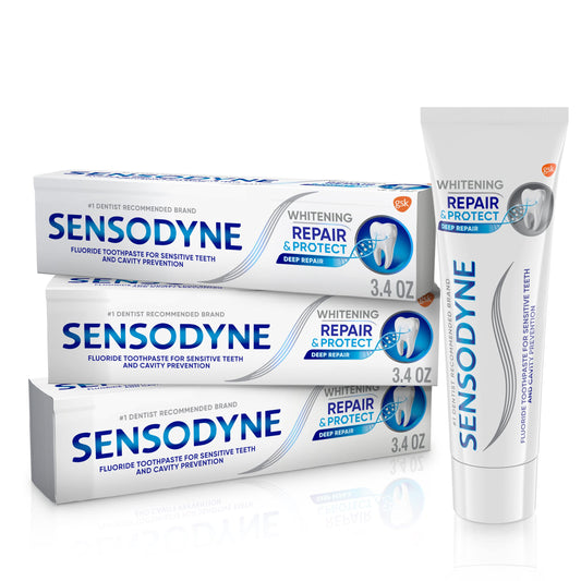 Three 3.4 oz Sensodyne Repair and Protect whitening toothpaste tubes in pack