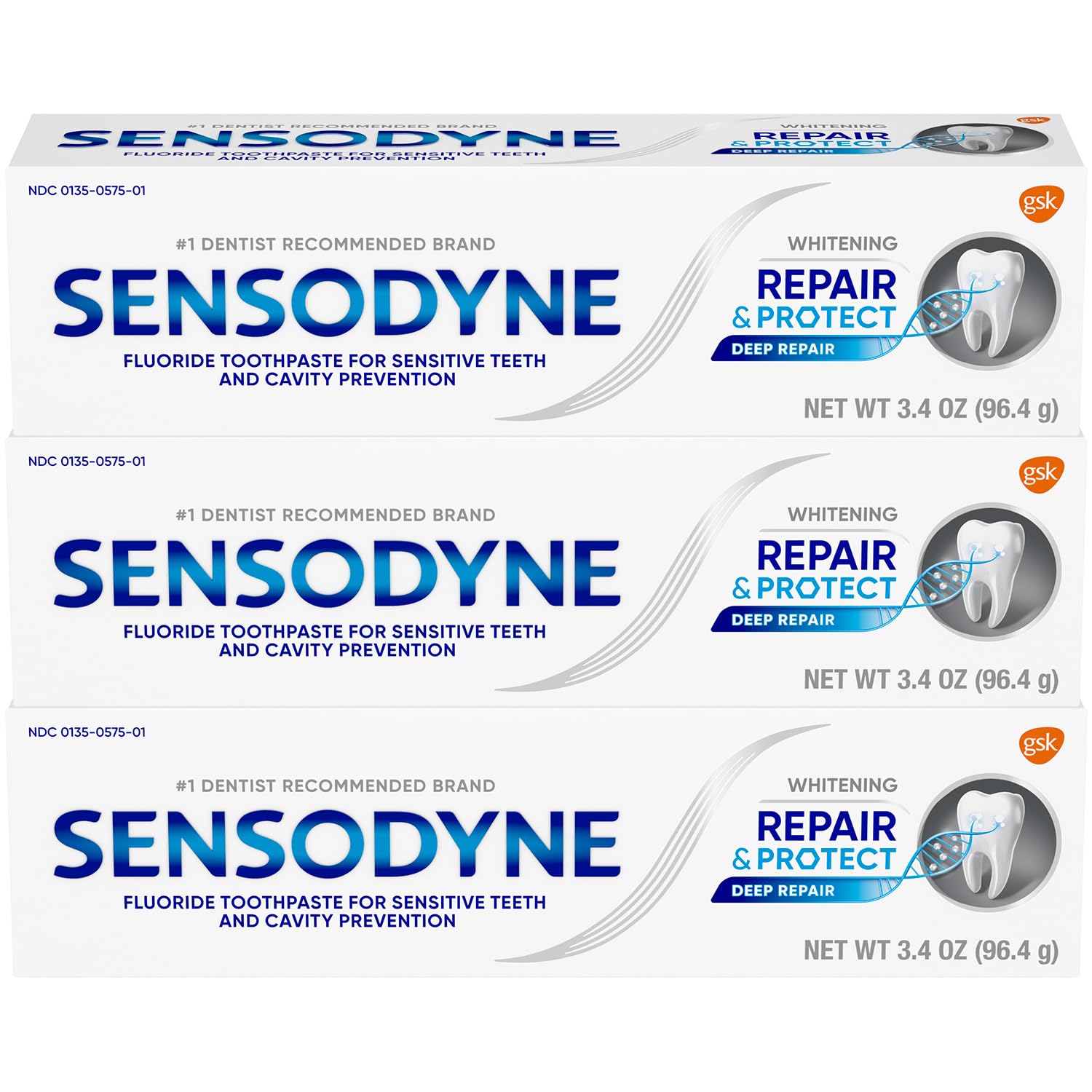 Close-up of Sensodyne Repair and Protect whitening toothpaste tubes
