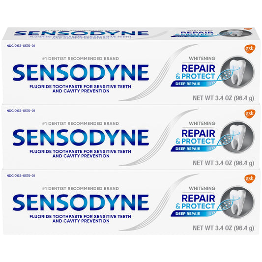 Close-up of Sensodyne Repair and Protect whitening toothpaste tubes