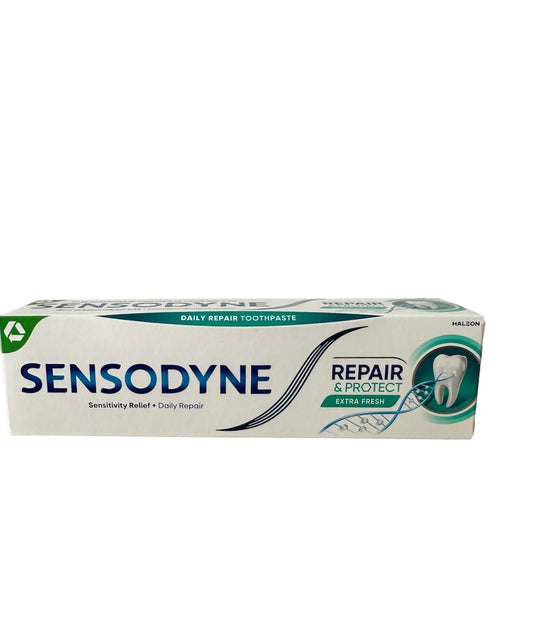 Close-up of Sensodyne Repair & Protect Extra Fresh Italian-import toothpaste packaging (75ml)