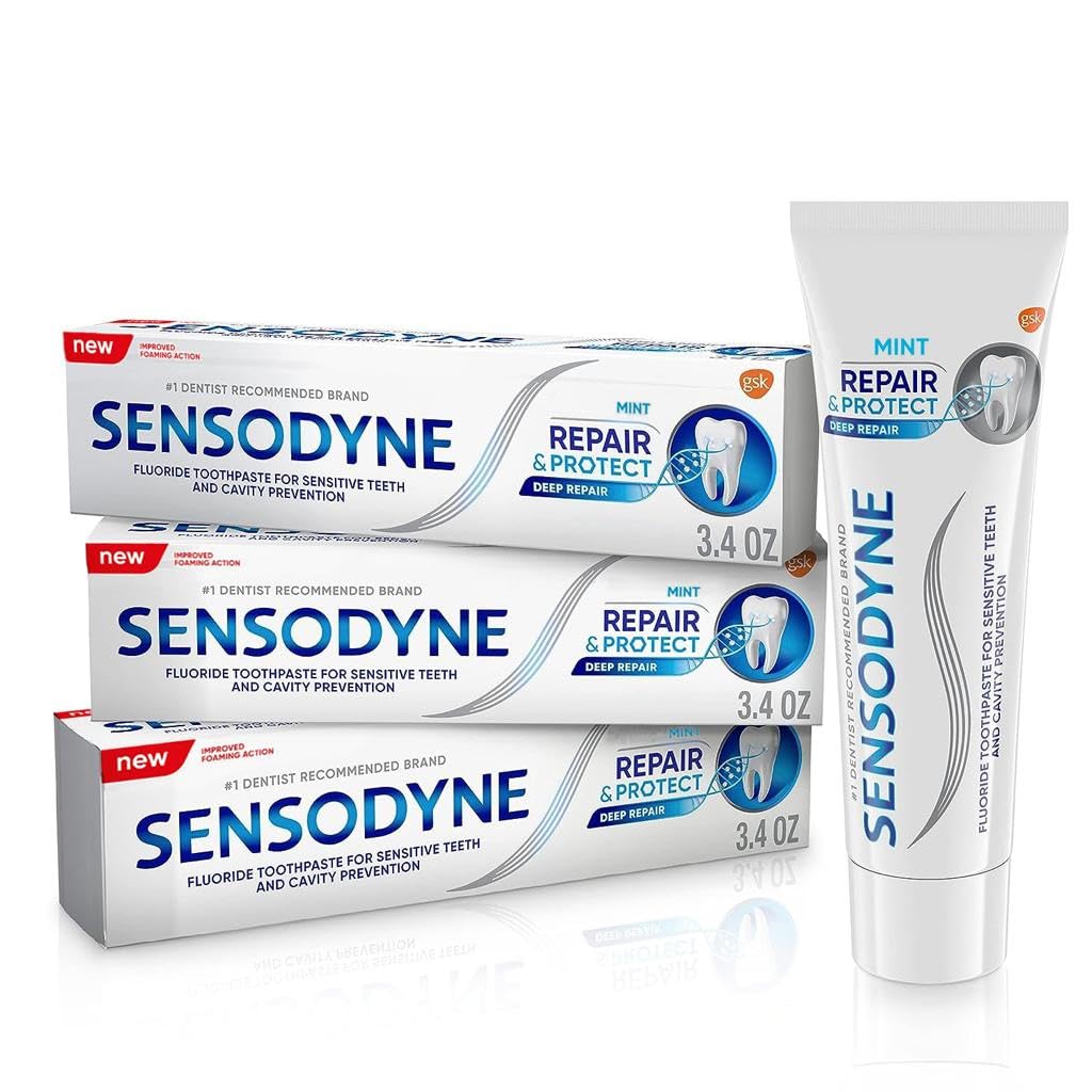 Three Sensodyne Repair and Protect Mint toothpaste tubes in a pack