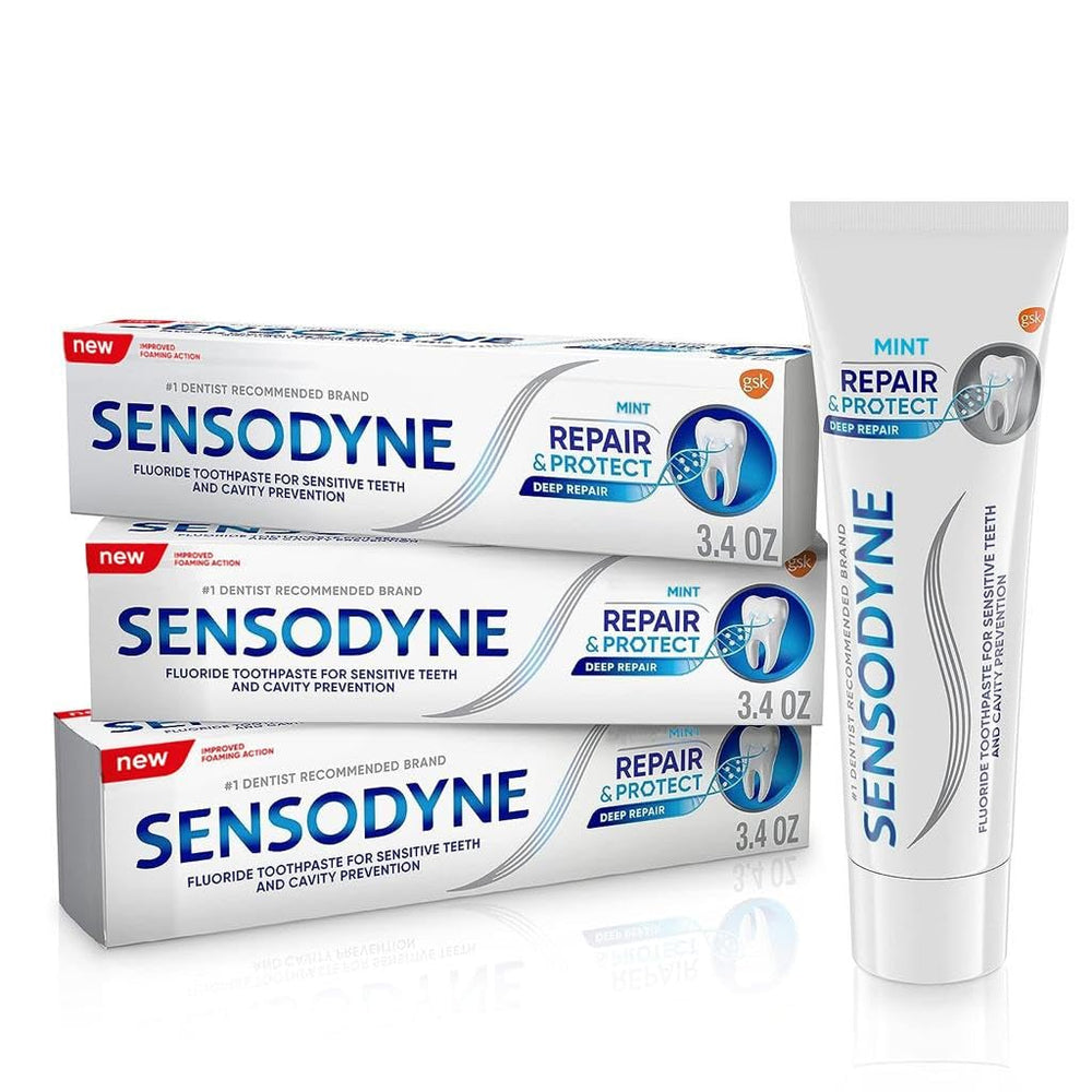 Three Sensodyne Repair and Protect Mint toothpaste tubes in a pack