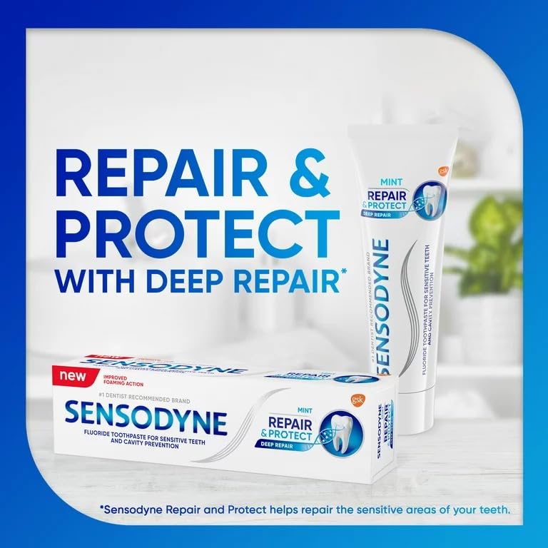 Back label showing ingredients and directions on Sensodyne Repair and Protect Mint toothpaste