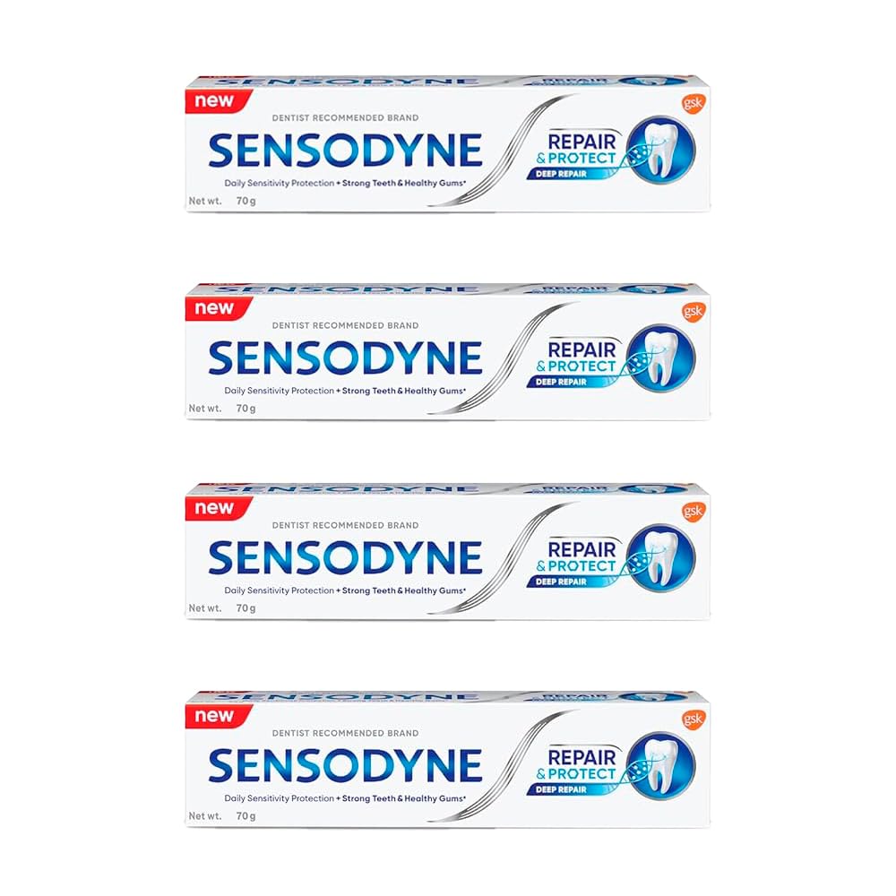 Four 70 g tubes of Sensodyne Repair & Protect toothpaste in a 4-pack