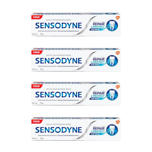 Four 70 g tubes of Sensodyne Repair & Protect toothpaste in a 4-pack