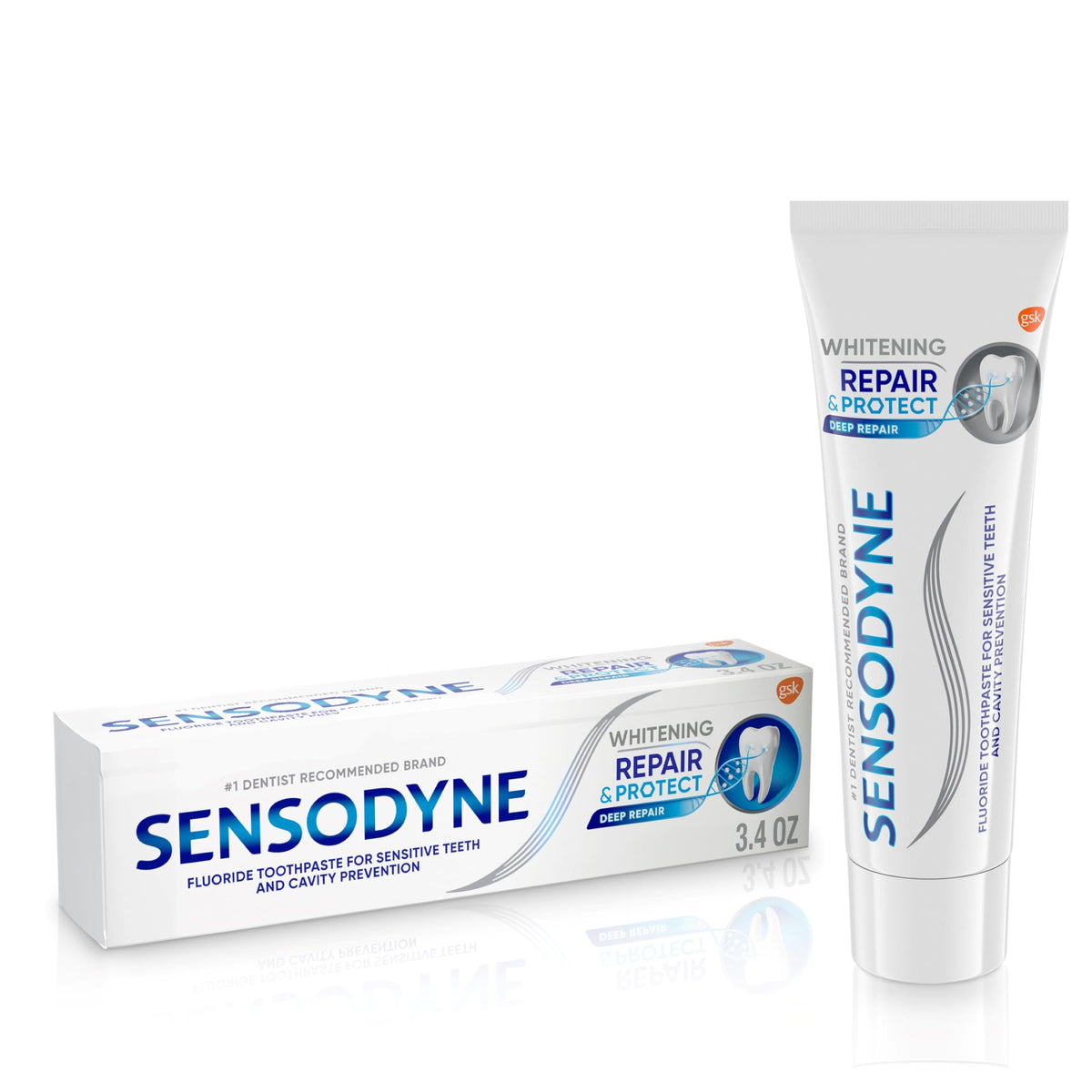 Front view of Sensodyne Repair and Protect Whitening toothpaste tube (3.4 oz)