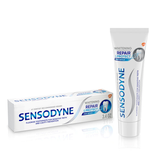 Front view of Sensodyne Repair and Protect Whitening toothpaste tube (3.4 oz)