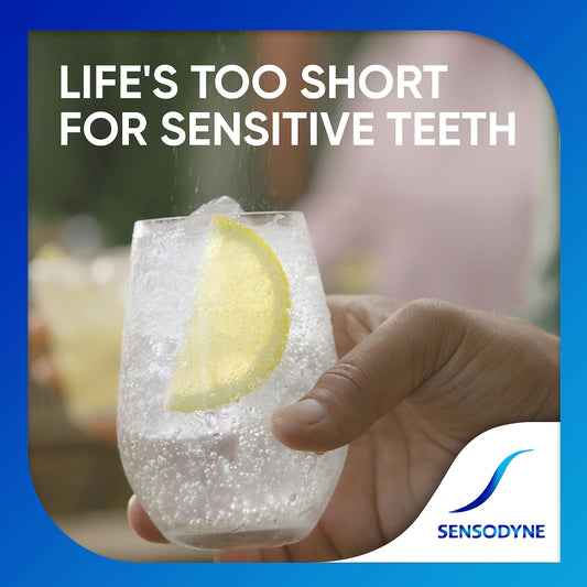 Side view of Sensodyne Repair and Protect Whitening toothpaste tube