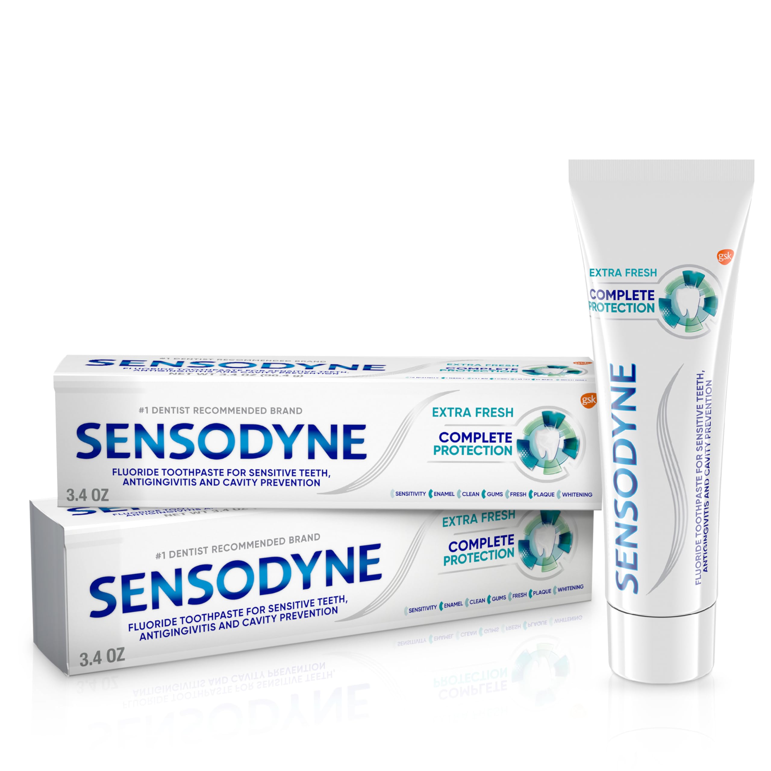 Two 3.4 oz Extra Fresh Sensodyne Complete Protection tubes for gingivitis and sensitive teeth