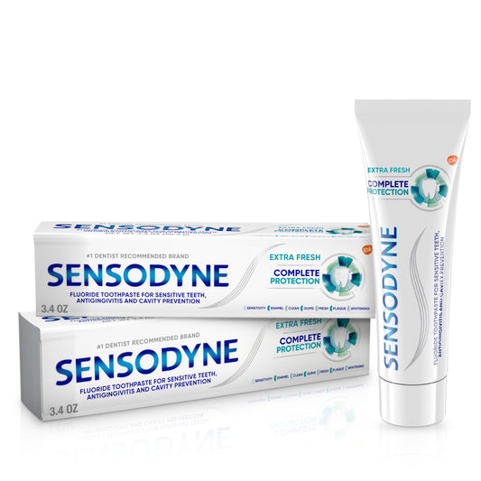 Two 3.4 oz Extra Fresh Sensodyne Complete Protection tubes for gingivitis and sensitive teeth