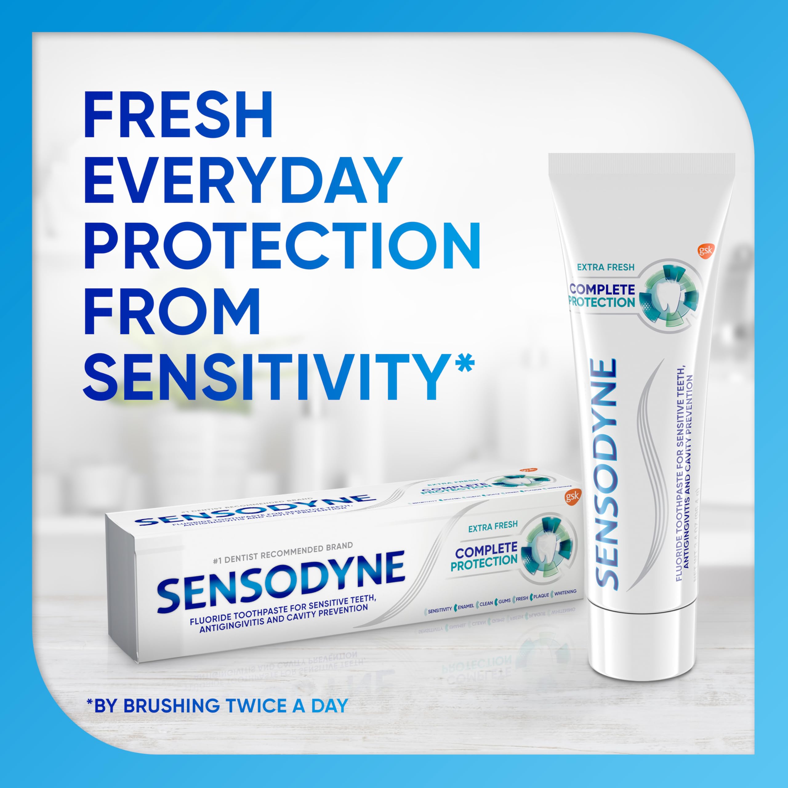 Close-up of Sensodyne Complete Protection toothpaste tubes