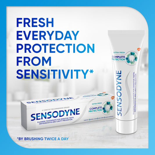 Close-up of Sensodyne Complete Protection toothpaste tubes