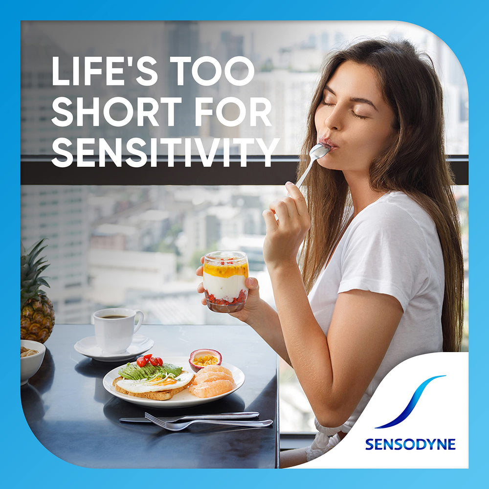 Extra Fresh Sensodyne toothpaste box highlighting fluoride benefits
