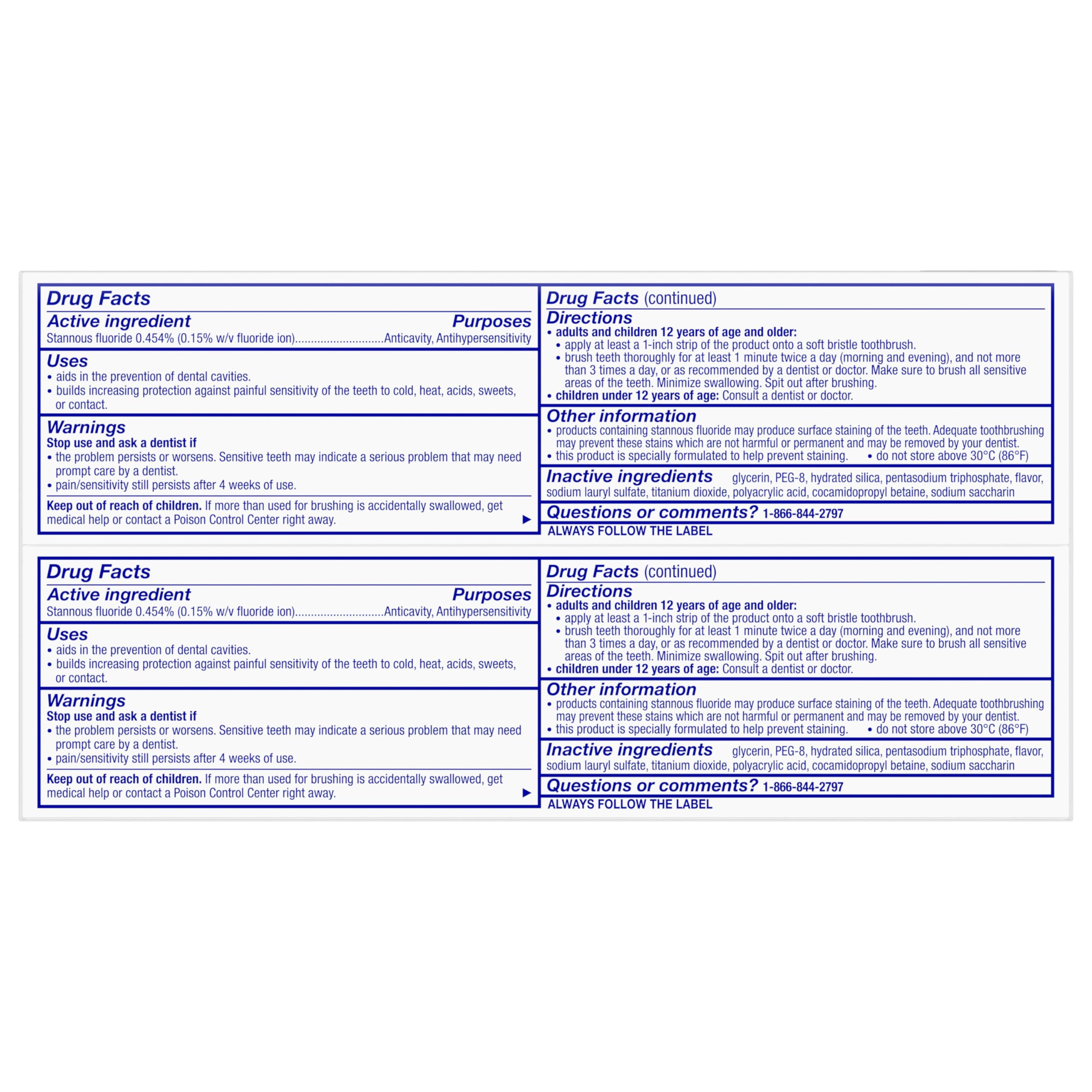 Label with twice-daily brushing recommendation on Sensodyne packaging
