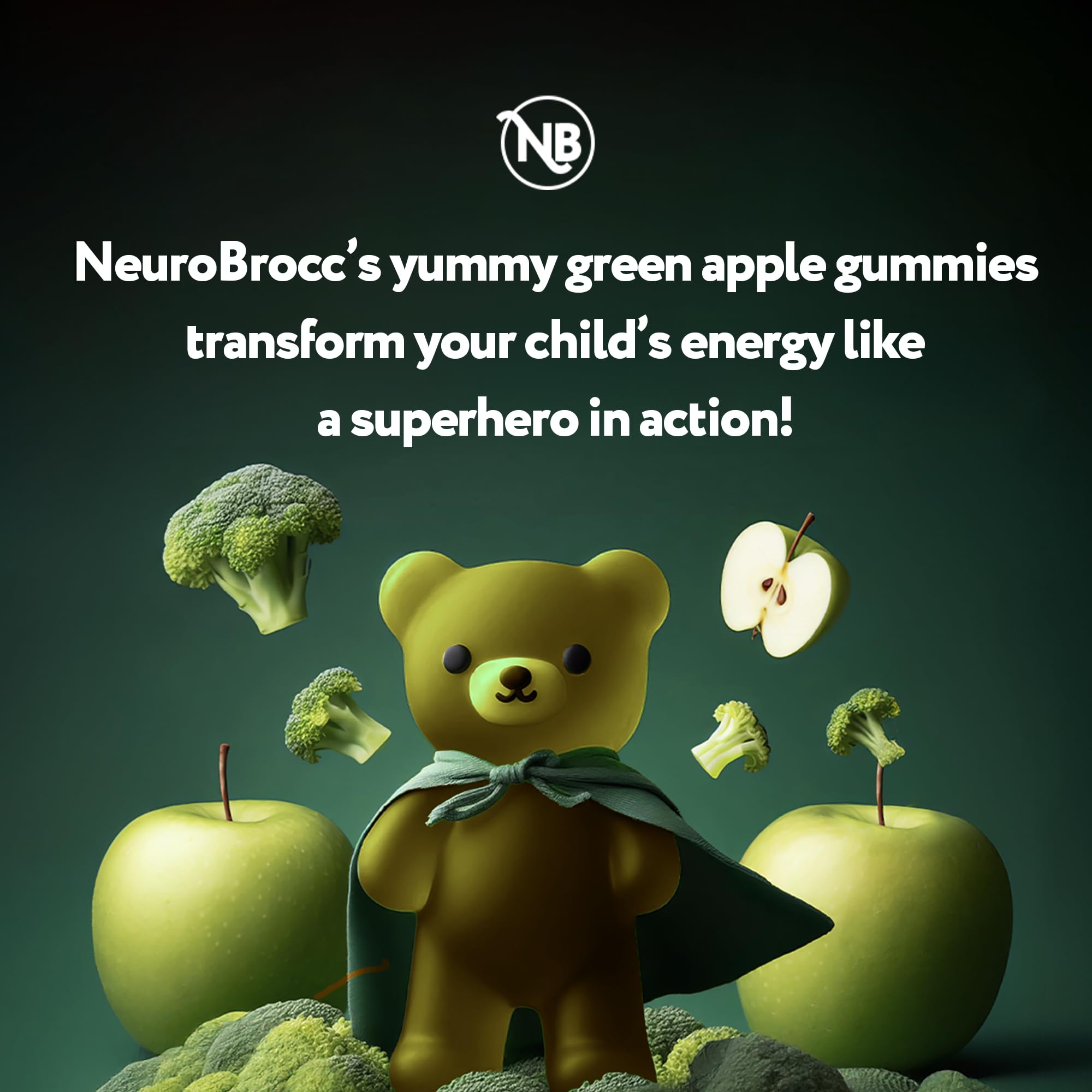 Close-up of NeuroBrocc gummies, crisp green apple flavor for tasty daily wellness.