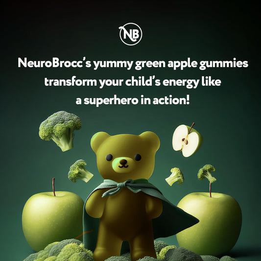 Close-up of NeuroBrocc gummies, crisp green apple flavor for tasty daily wellness.