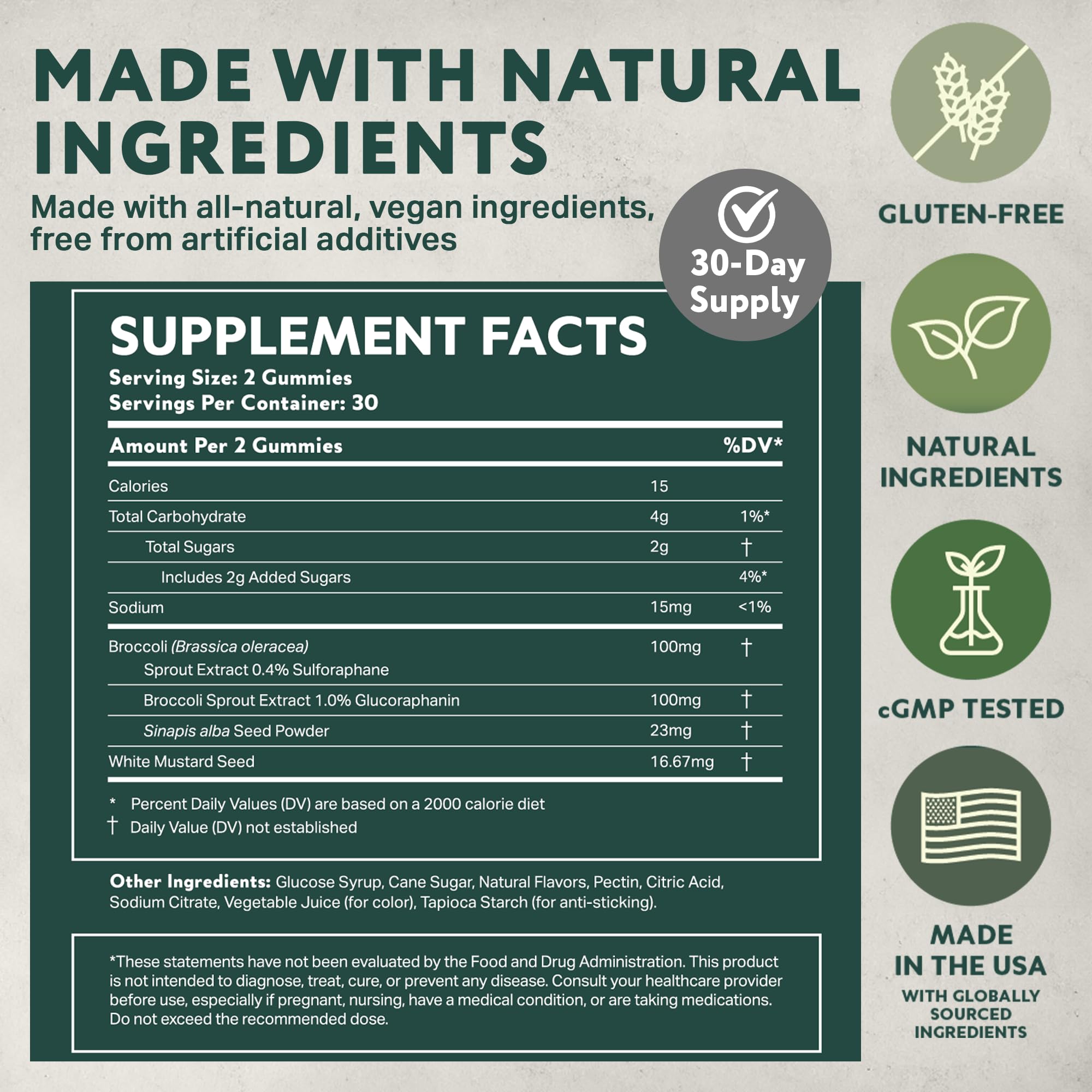 Nutrition facts on bottle highlight concentrated broccoli sprout extract for consistent dosing.