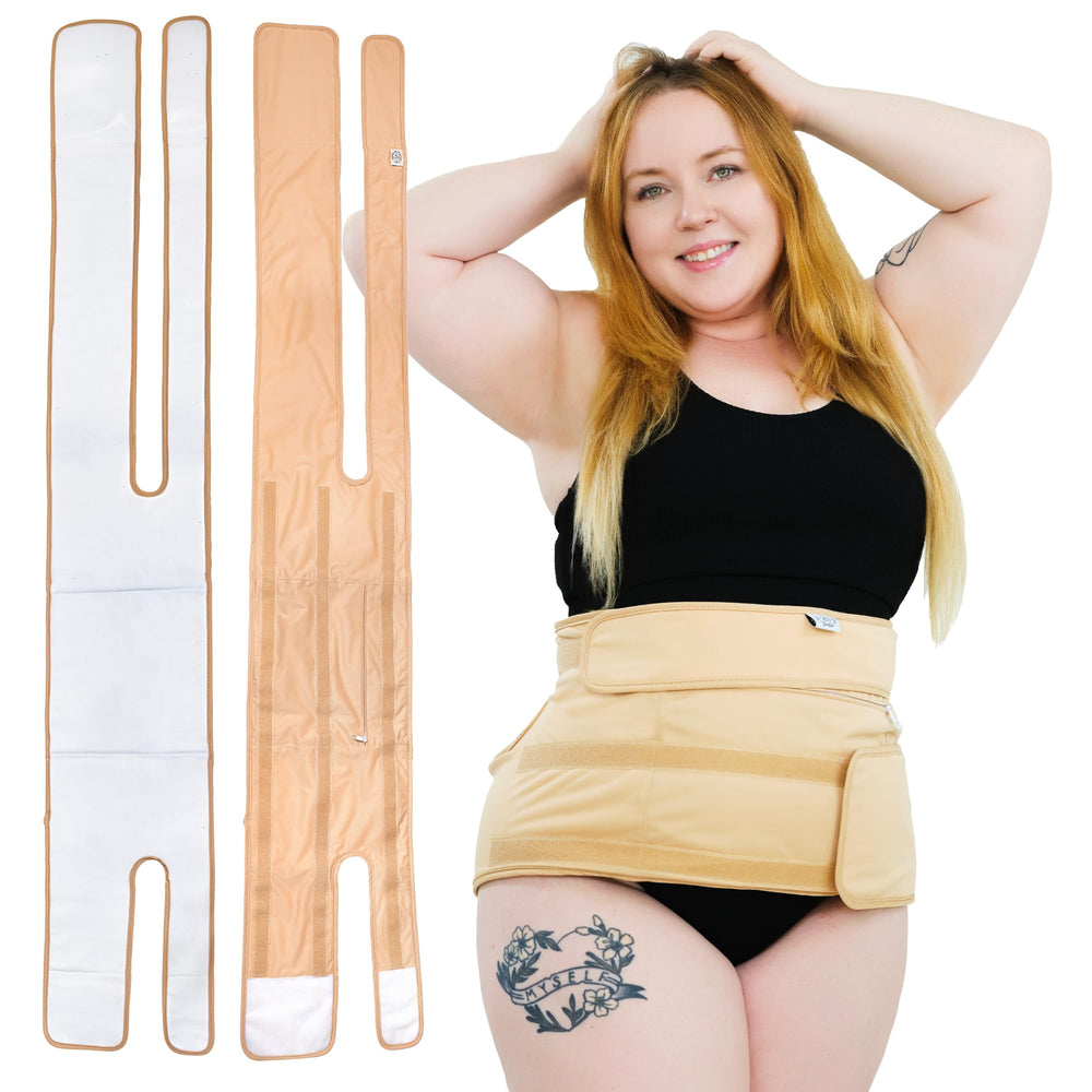 Sentre Plus-Size Castor Oil Pack Wrap exterior in khaki with leak-resistant outer layer