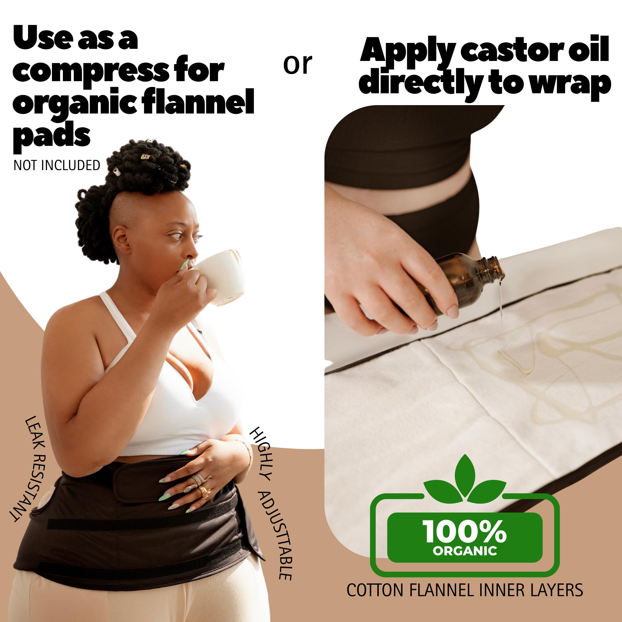 Khaki Sentre Plus-Size Castor Oil Pack Wrap laid flat with size range L-5X