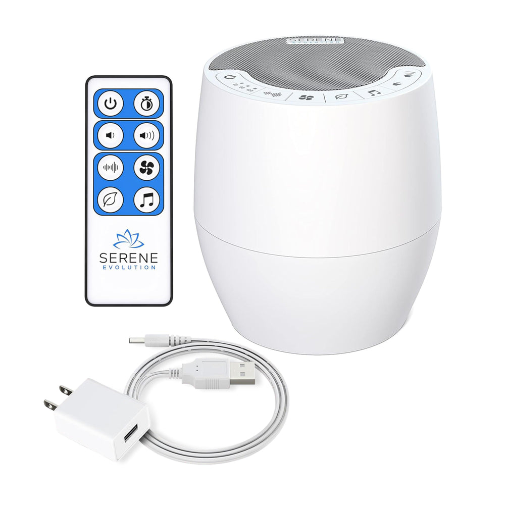 Serene Evolution white noise machine front-angle showcases compact design for bedside use and sleep support.