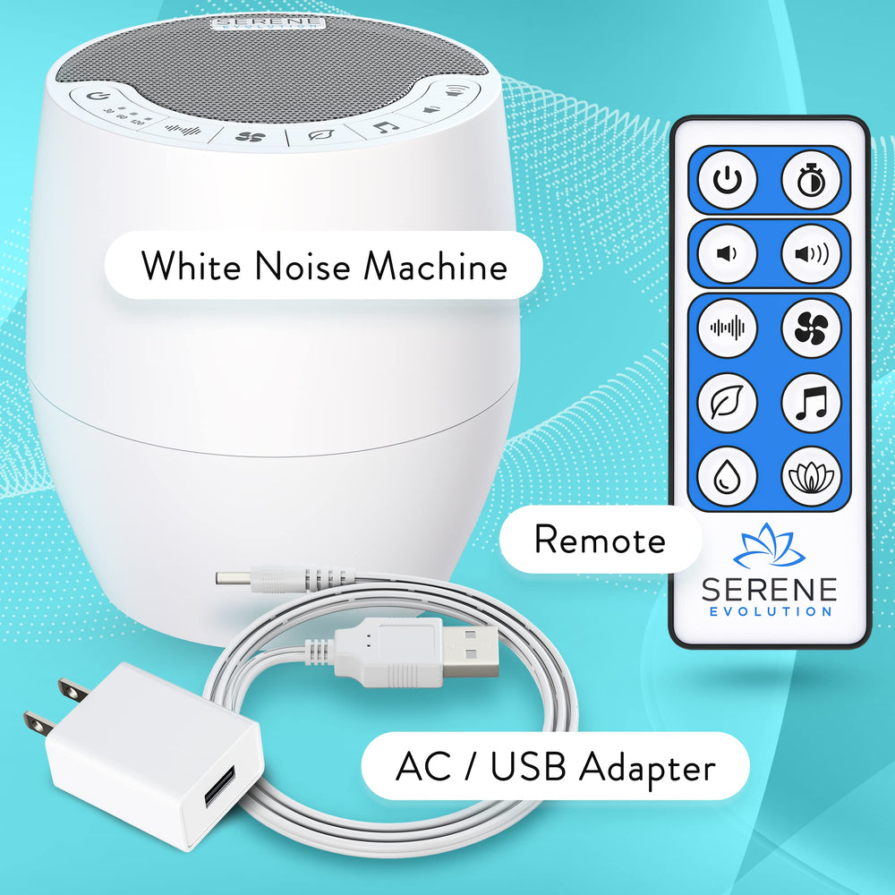 Serene Evolution white noise machine sound options highlights 60 varied sounds for personalized relaxation.