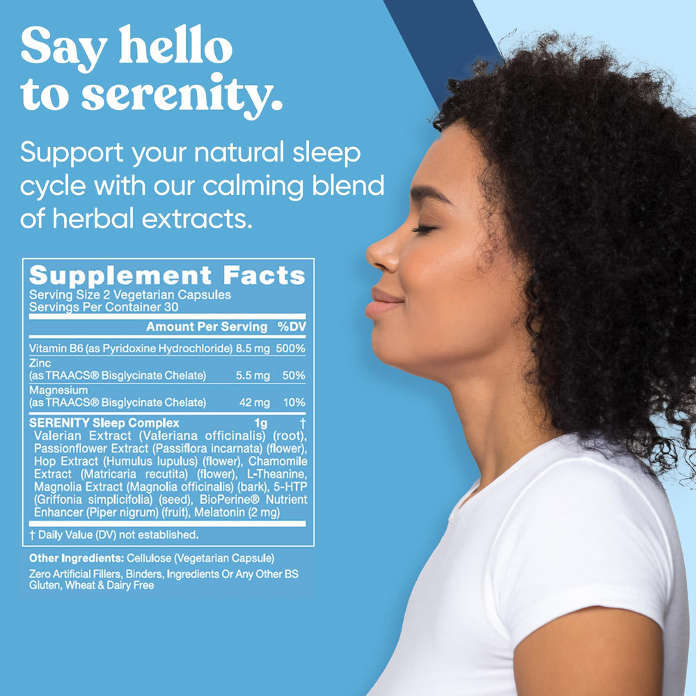 Active ingredients: Melatonin, Magnesium, Valerian Root, L-Theanine, 5-HTP, Chamomile