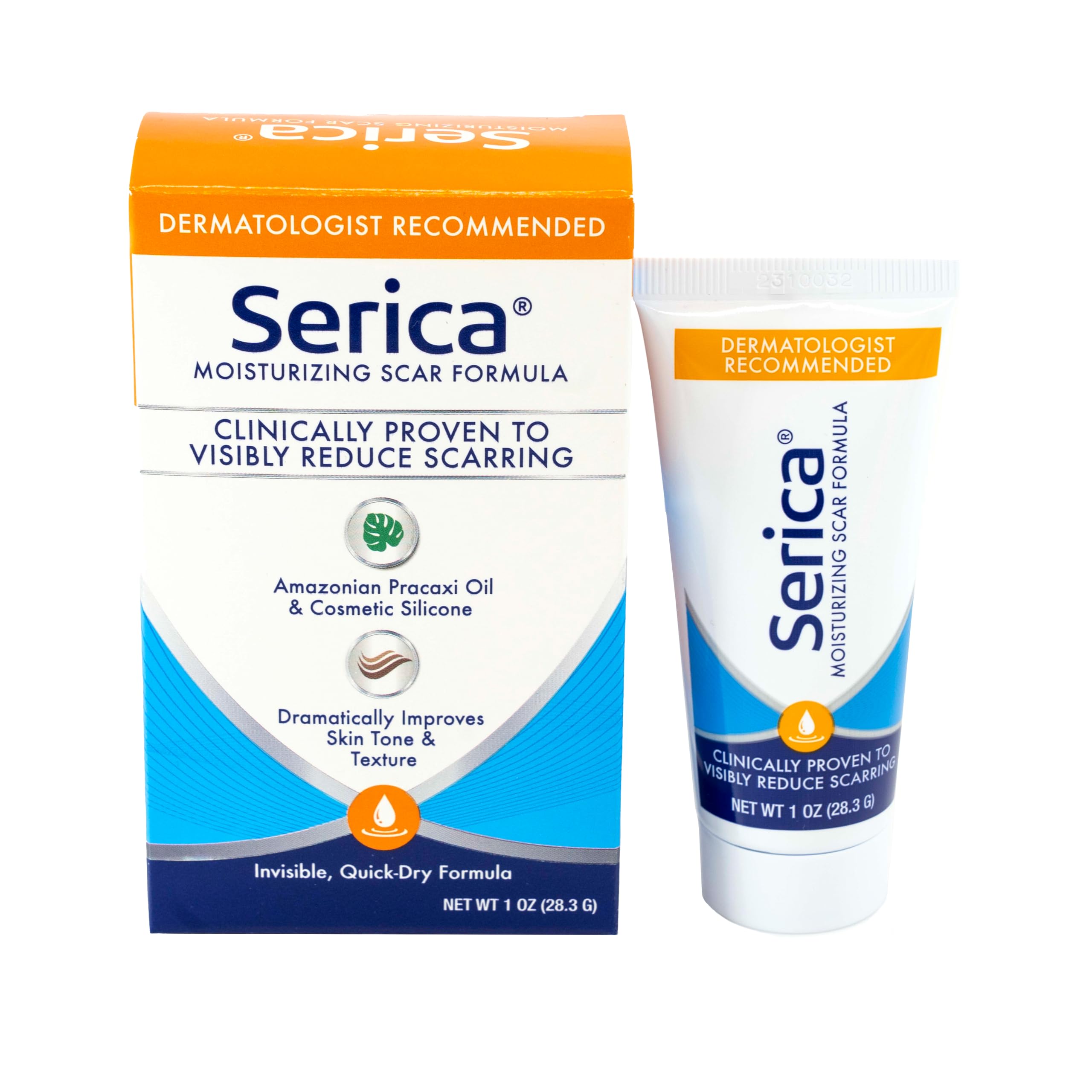 Serica Scar Gel 1oz tube closeup shows glossy clear gel for quick absorption.