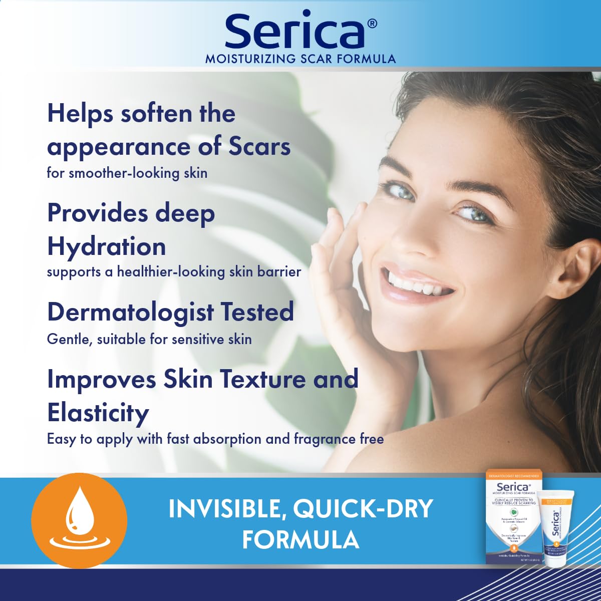 Serica Scar Gel clear-application on skin demonstrates quick-dry feel.
