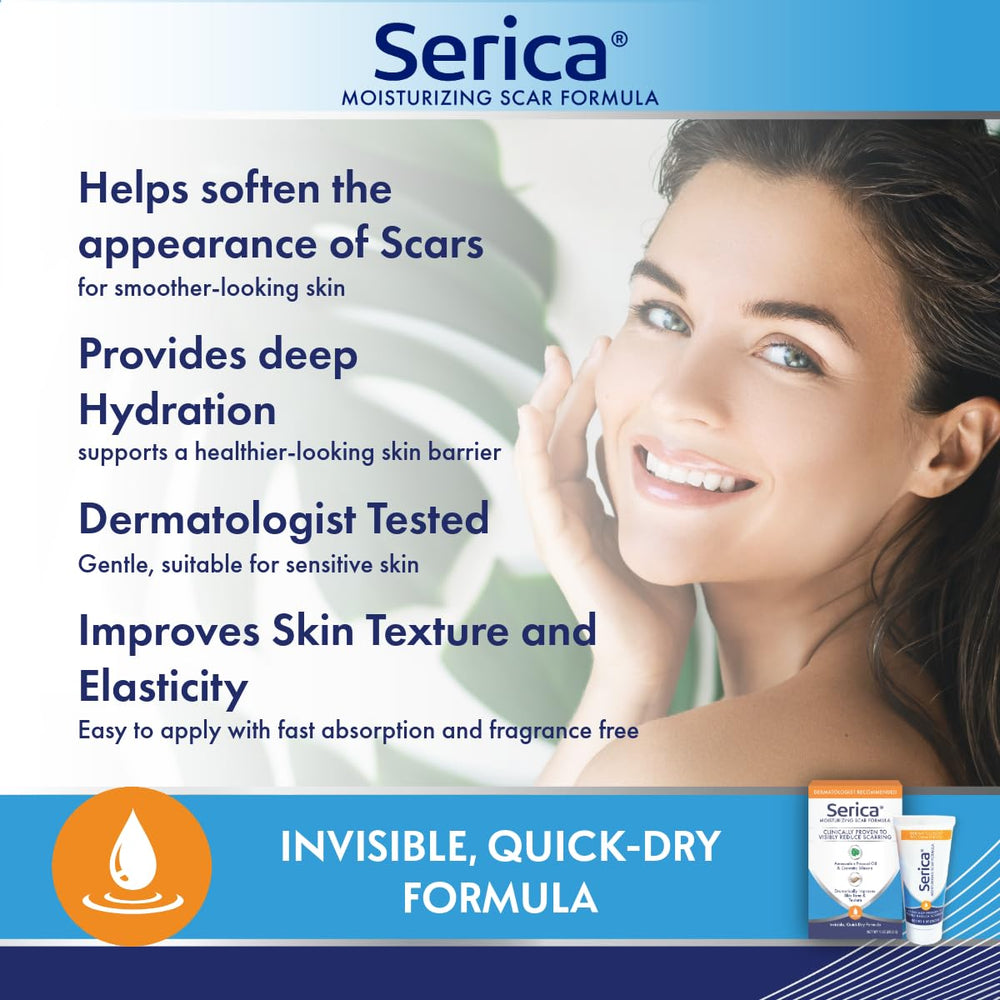 Serica Scar Gel clear-application on skin demonstrates quick-dry feel.