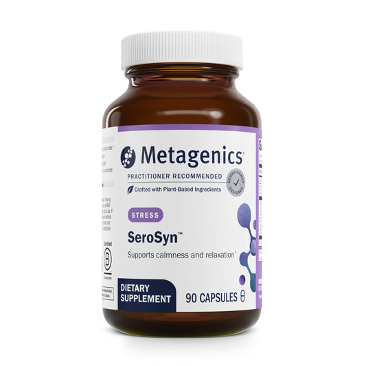 Front label of Metagenics SeroSyn bottle showing L-theanine and 5-HTP