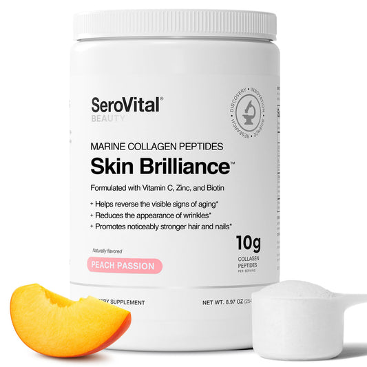 Front view of Serovital Skin Brilliance marine collagen powder tub in peach passion flavor, 8.97 oz