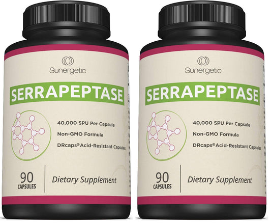 Two bottles of Serrapeptase capsules, 90 per bottle (pack of 2)