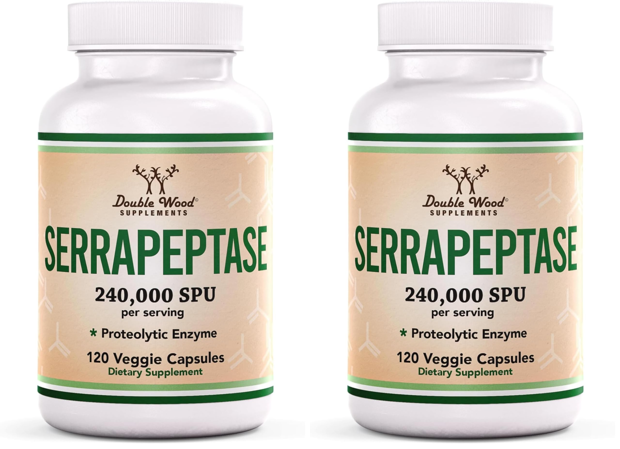 Front view of Double Wood Serrapeptase 240,000 SPU pack (two bottles)