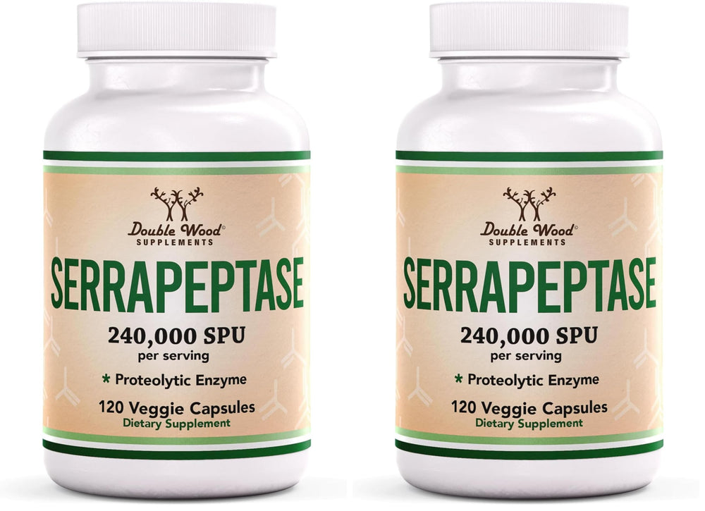 Front view of Double Wood Serrapeptase 240,000 SPU pack (two bottles)