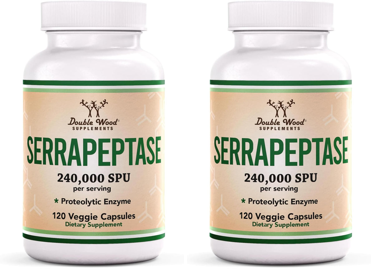 Front view of Double Wood Serrapeptase 240,000 SPU pack (two bottles)