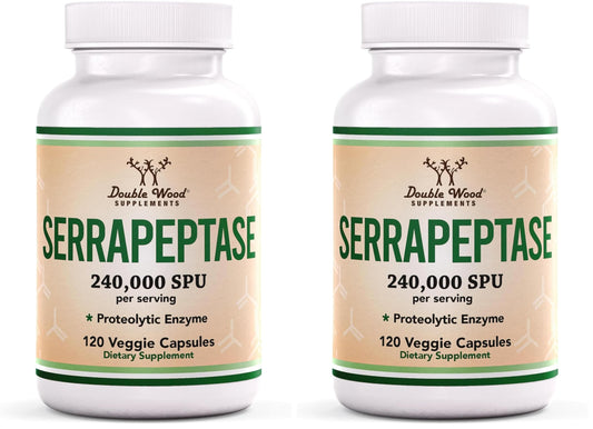 Front view of Double Wood Serrapeptase 240,000 SPU pack (two bottles)