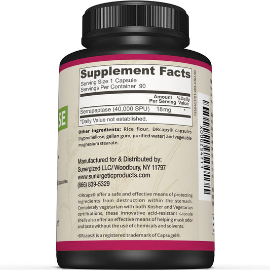 Close-up of Serrapeptase bottle label showing 40,000 SPU per capsule