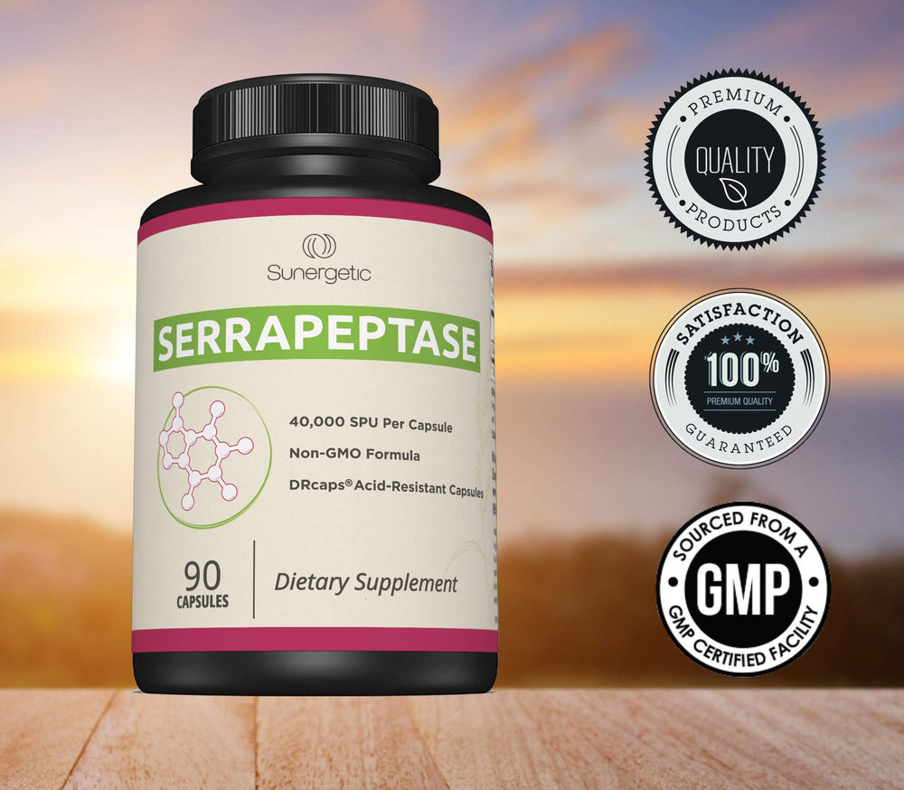 Sealed bottle of Serrapeptase capsules on a clean surface