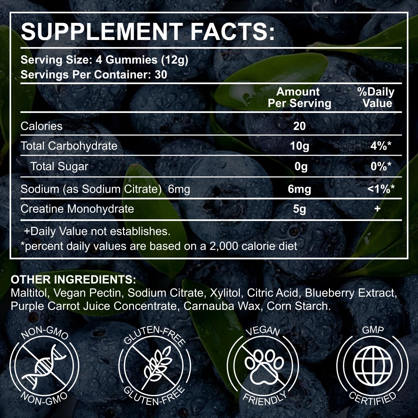 Nutrition facts panel showing serving size of 4 gummies
