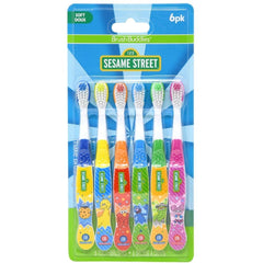 Sesame Street characters illustrated on a 6-pack kids’ toothbrush set.