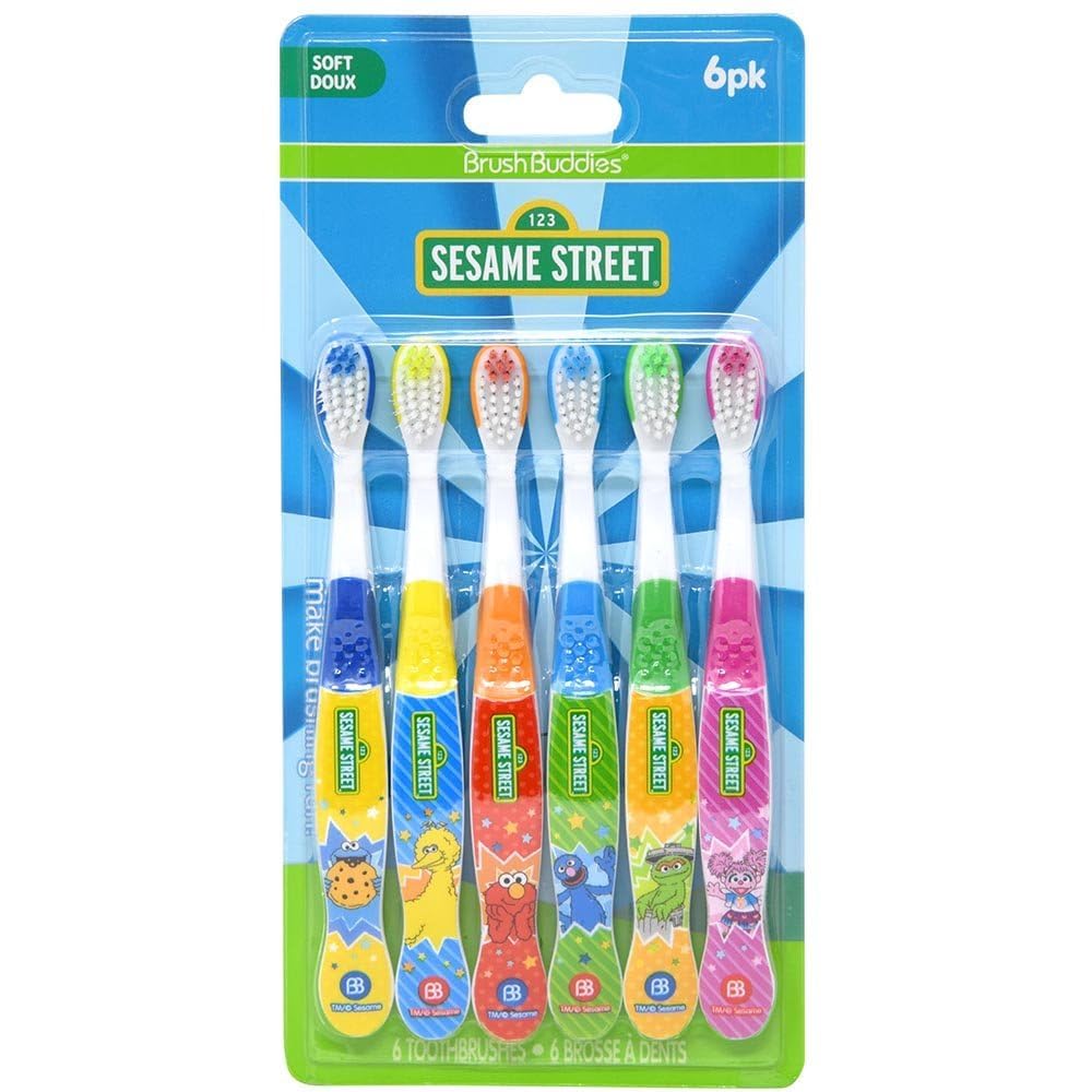 Six-pack set of BPA-free Sesame Street toothbrushes for home or travel.